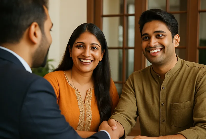 Happy homebuyers consulting with Propsoch real estate advisor in Bangalore