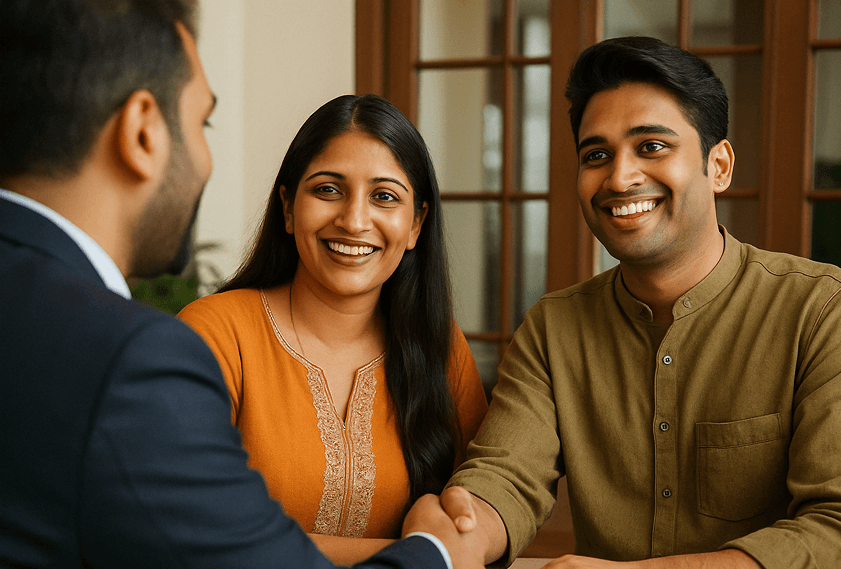 Happy homebuyers consulting with Propsoch real estate advisor in Bangalore